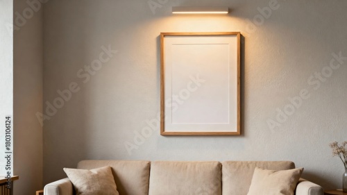Minimalist living room with beige sofa, wooden frame artwork, and wall-mounted light