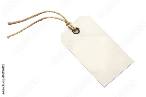 A blank off-white paper price tag or gift label with a reinforced hole and rustic jute twine string, isolated on a white background with copy space