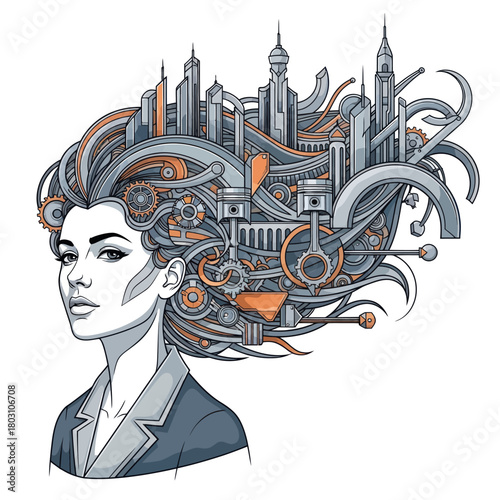 Woman with Cityscape Hair - A Fusion of Beauty and Urban Landscape.