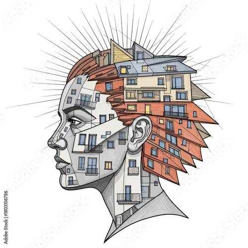 Abstract illustration of a womans head with buildings and radiating lines.