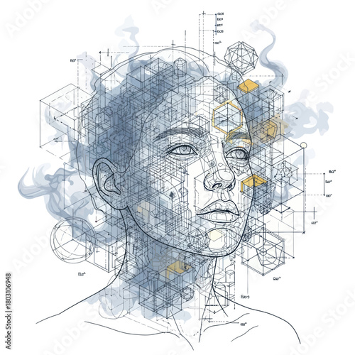 Intricate Portrait of a Woman Merged with Architectural Blueprints and Geometric Forms.
