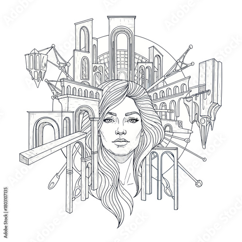 Intricate line art portrait of a beautiful womans face.