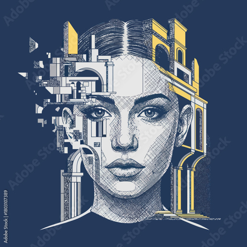 Surreal portrait of a woman with architectural elements integrated into her face.