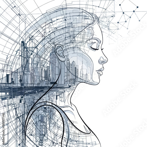 Conceptual line art illustration of a womans profile and mind.