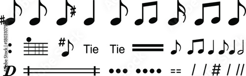 Musical notes set, black music symbols, vector notation collection, sharp sign, sheet music elements, melody composition signs.