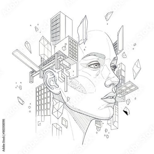 Surreal human head merging with abstract architectural elements.