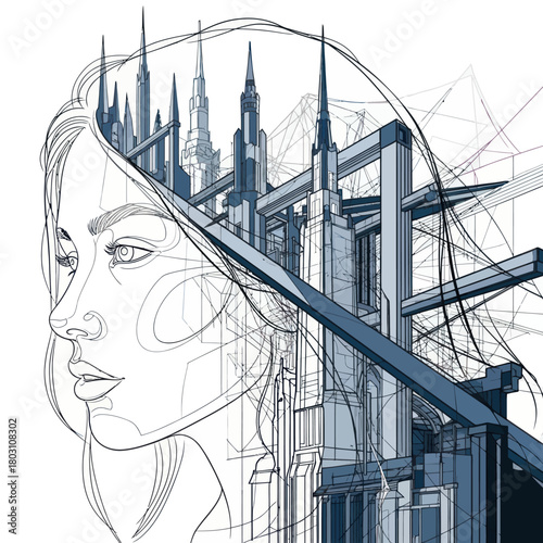 Womans profile with architectural elements inside her head.