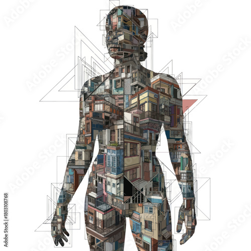 Female Silhouette with Urban Building Texture and Architectural Elements.