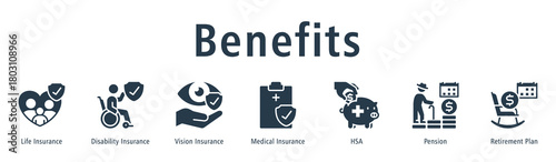 Benefits web banner icon vector illustration concept with icon of life insurance, disability insurance, vision insurance, medical insurance, HSA, pension, and retirement plan.