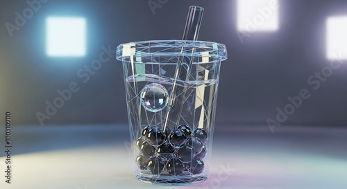 A digital shows wireframe cup filled with dark tapioca pearls and straw, illuminated by bright squares against backdrop.Bubble tea shop concept,copy space.