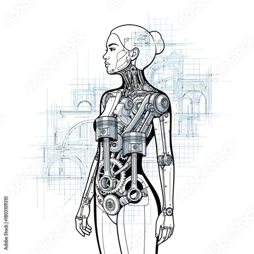 Female Cyborg with Internal Mechanical Gears and Pistons.