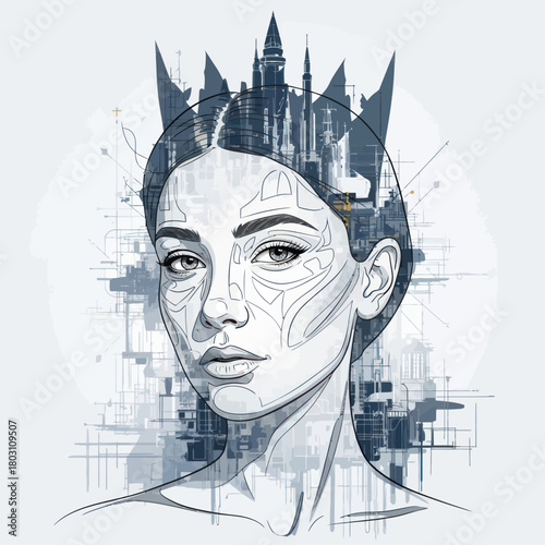 Intricate portrait of a woman with architectural crown and detailed features.