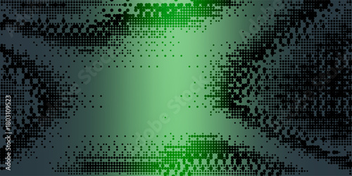 Dither Pattern Bitmap Texture Halftone Gradient Vector Wide Abstract Background. Glitch Screen With Flicker Pixels Effect Panoramic Backdrop. 8 Bit Pixel Art Retro Video Game Bright Green Decoration