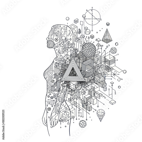Conceptual illustration of a humanoid integrated with geometric technology.