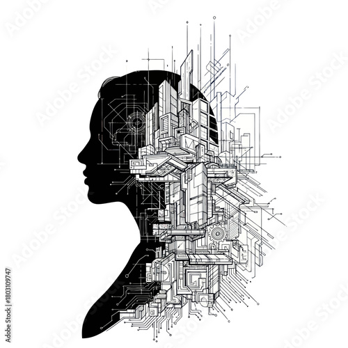 Silhouette of a womans head with abstract city and circuit board elements.
