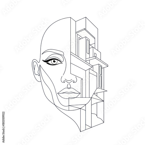 Abstract Line Art - Womans Face Merged with Architectural Structure.