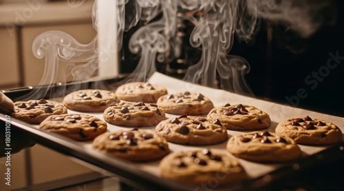 Mao Retirando Fornada de Chocolate Cookies Recem-Assados da Assadeira com Vapor Subindo
