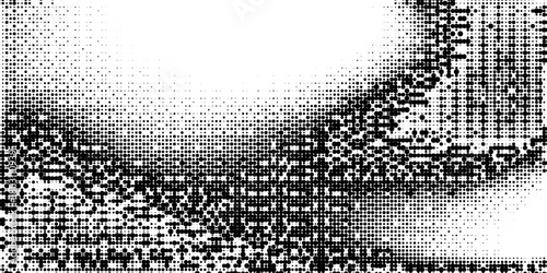 Bitmap pixelated grunge gradient texture. Black and white dither pattern wallpaper. Abstract glitchy pattern. 8 bit video game background. Wide raster backdrop. Retro pixel art Illustration. Vector