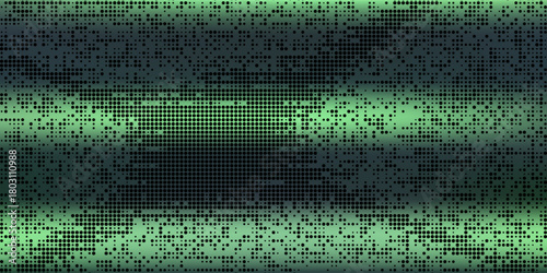 Dither Pattern Bitmap Texture Halftone Gradient Vector Wide Abstract Background. Glitch Screen With Flicker Pixels Effect Panoramic Backdrop. 8 Bit Pixel Art Retro Video Game Bright Green Decoration