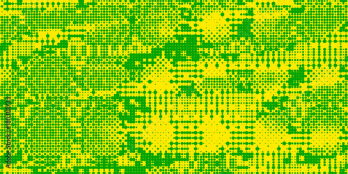 Pixelated bitmap gradient texture. Yellow and green dither pattern background. Abstract glitchy horizontal pattern. 8 bit video game screen wallpaper. Pixel art retro illustration. Vector backdrop