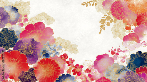 装飾性の高い抽象花柄が美しい和風水彩イラスト。金のアクセントが際立ち、背景、壁紙、和モダン、テクスチャ、テキスタイル向け素材。