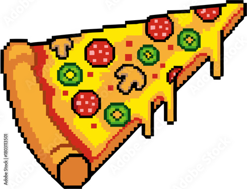 Delicious pixel art pizza slice with melted cheese and toppings