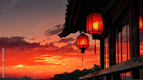 Stunning view of temple at golden hour, with vibrant red lanterns illuminating scene against breathtaking sunset sky