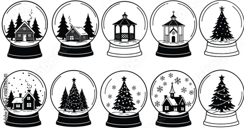 Collection of black and white snow globe illustrations with winter scenes christmas