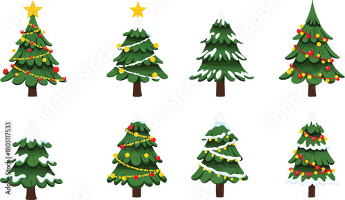 Collection of eight cartoon Christmas trees with snow and lights holiday winter