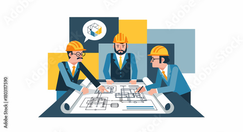 Architects Collaborate On Building Blueprint Design In Construction Industry