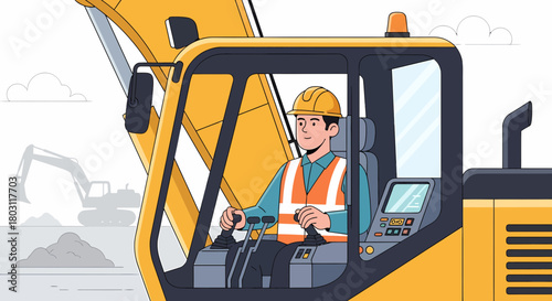 Cartoon Excavator Operator At Construction Site Industry Illustration