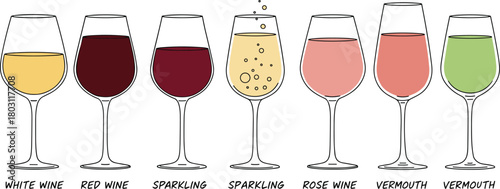 Collection of seven wine glasses filled with different colored beverages drink white wine