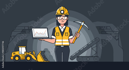 Female Miner Analyzing Data In Underground Mine Cartoon Concept