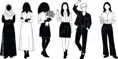 Diverse group of people in black and white line art style diversity women