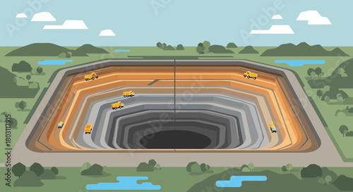 Open Pit Quarry Aerial View With Heavy Mining Trucks Illustration