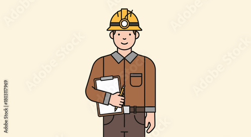 Smiling Cartoon Miner With Helmet And Clipboard Ready For Work