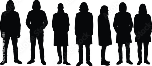 Seven Black Silhouettes of People Wearing Coats and Pants group standing