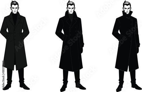 Three black and white anime style male characters in black trench coats manga