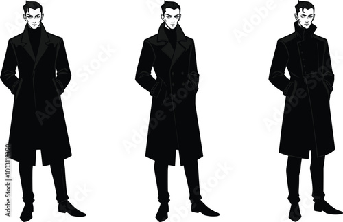 Three stylized black and white illustrations of a man in a long black coat and black turtleneck