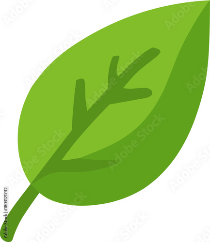 Simple flat illustration of a green leaf with visible veins, symbolizing nature, ecology, environment, and plant life.