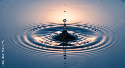 Stunning close-up of a water droplet creating ripples on a calm water surface with a soft, warm background glow