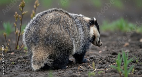Close-up of a badger walking on damp soil, rain falling. Brown, gray fur