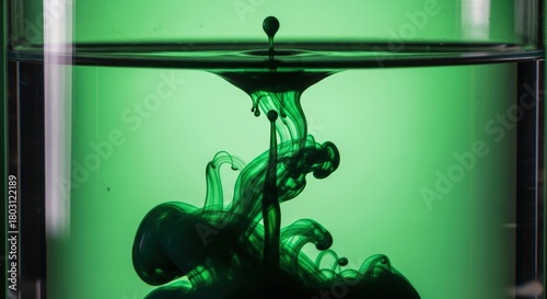 Artistic macro shot of green ink dropping into water creating swirling patterns