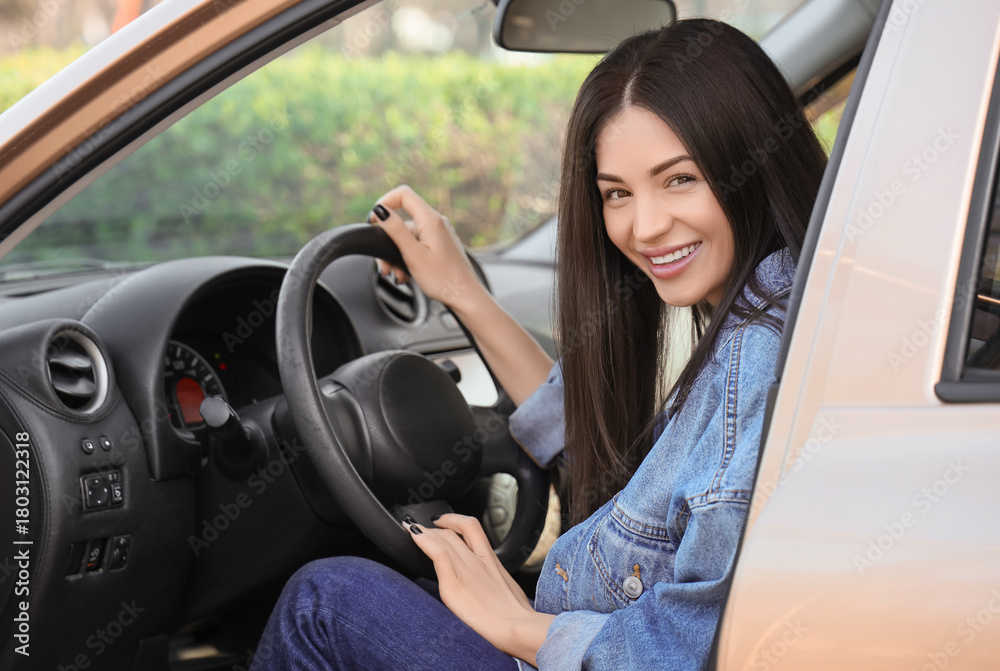 Naklejka premium Happy young woman sitting in car