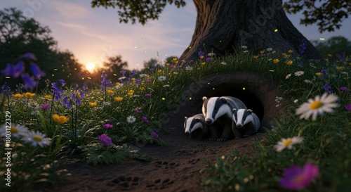 Family of badgers in a burrow surrounded by flowers at sunset