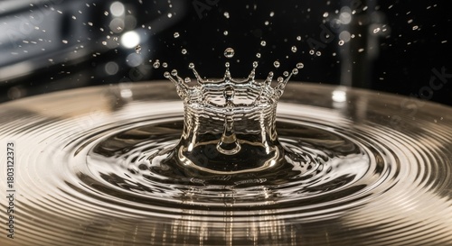 Close-up of water droplet impact, forming a crown shape on a cymbal