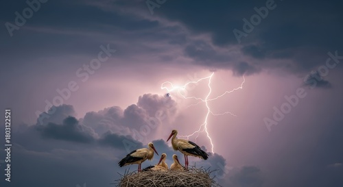 Storks in their nest are struck with lightning in an awe-inspiring weather moment