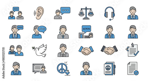 Illustration of conflict resolution and communication icons for business harmony with diplomacy