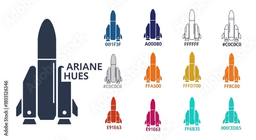 Ariane Hues rocket illustration showcasing a diverse color palette with hexadecimal codes modern