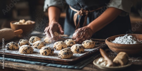 Woman is making cookies and has a bowl of powdered sugar on the table